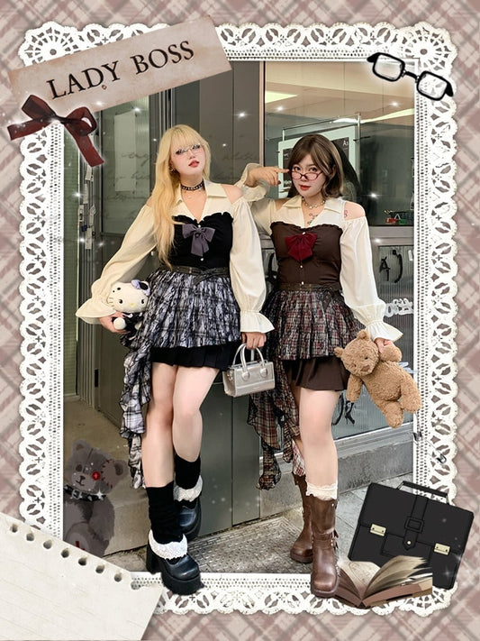 Bishop Dress Pleated Cutout Shoulder and Skirt / Sleeves Plus Size Black Brown with