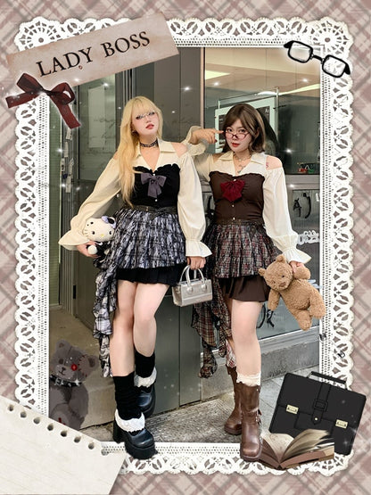 Plaid Waist Accessory with Cascading Ruffles Size Black Plus Brown /