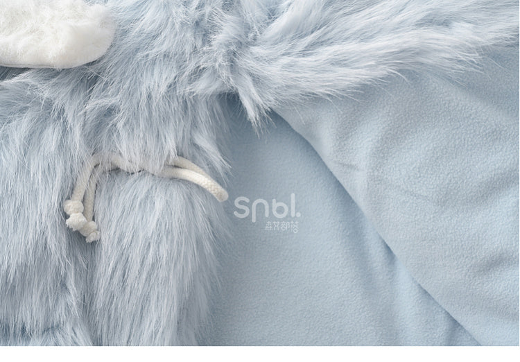 Blauer flauschiger Kunstpelzmantel mit Katzenohren und Kapuze, abnehmbares Katzenplüschtier