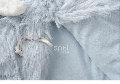 Blauer flauschiger Kunstpelzmantel mit Katzenohren und Kapuze, abnehmbares Katzenplüschtier