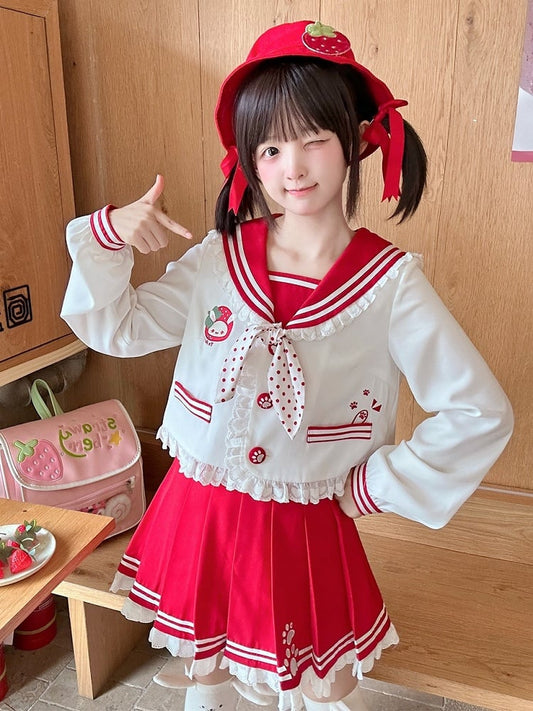 ピンク/ワインのフリルセーラーカラー、うさぎ耳デザイン、バックレッドJK制服トップライト