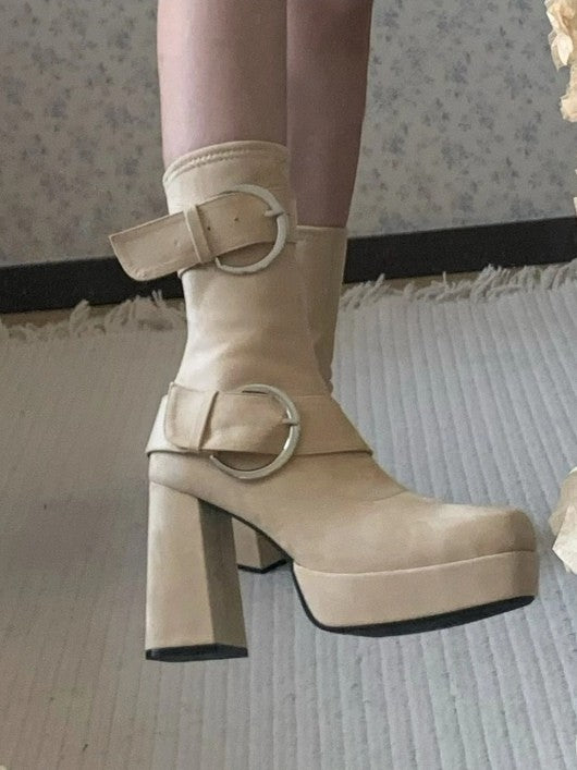 Square Buckle - High Lolita Accents Inner Khaki Boots Heel Platform Mid-calf Toe Block with Zip