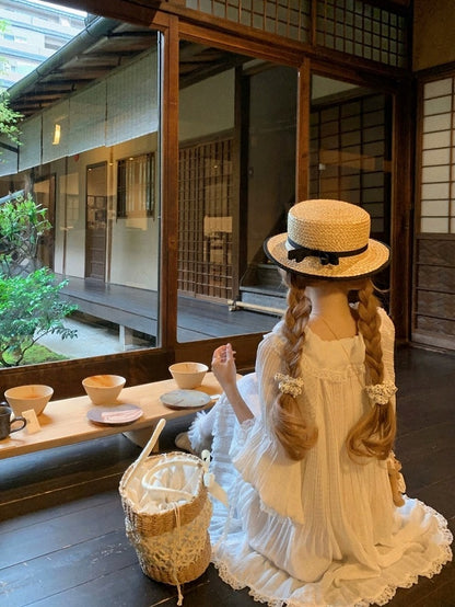 Straw Hat with Black Bowknot Detail - Lalacita