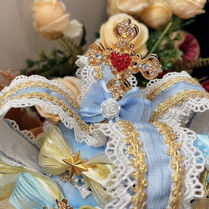 ラインストーンビーズの王冠姫ブルーホワイト帽子とミニ装飾ロリータ