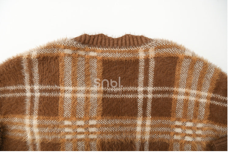 Brown Cute Cookie Bear Adorned Plaid Loose Cardigan