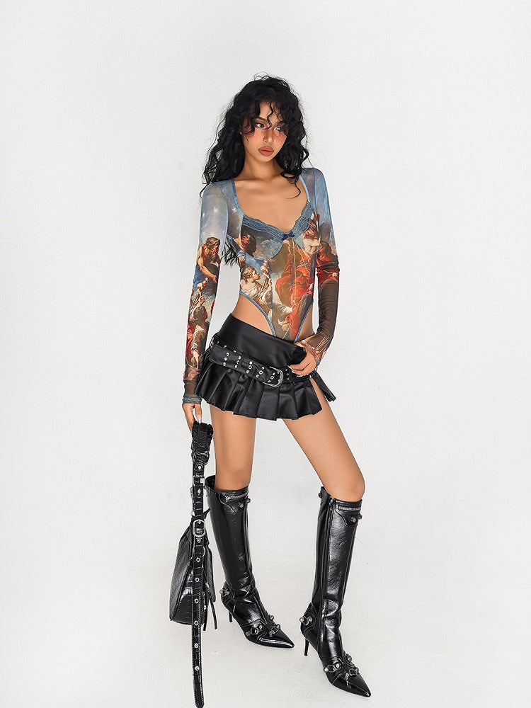 Detachable Square Painting Tulle Bodysuit with Oil Print Vintage