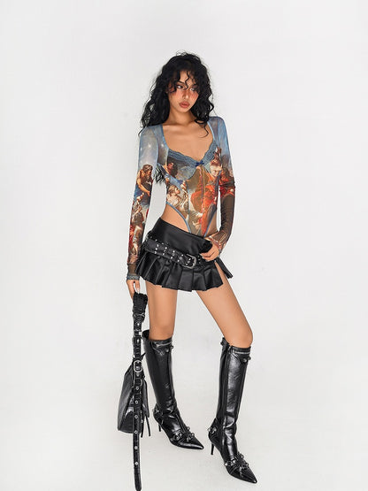 Detachable Square Painting Tulle Bodysuit with Oil Print Vintage