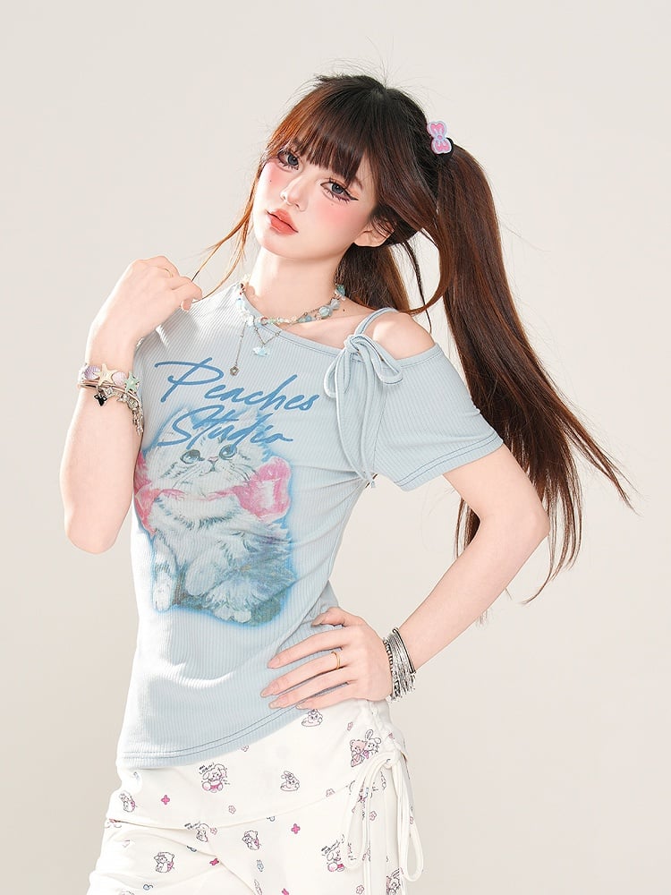 Entzückendes Kätzchen-Print Blau/Weiß T-Shirt Asymmetrischer Ausschnitt Glamourös
