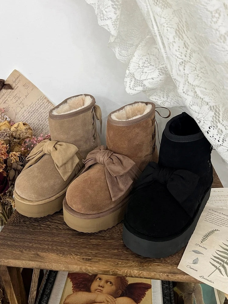 Charming Bow Design with Back Tie Closure Khaki Winter Boots in Sweet Lolita