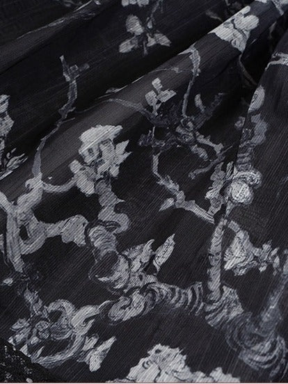 Black Floral Embroidery Flutter Sleeve Lace Trim Lolita Overlay Dress with Bow - Yimu Walnut