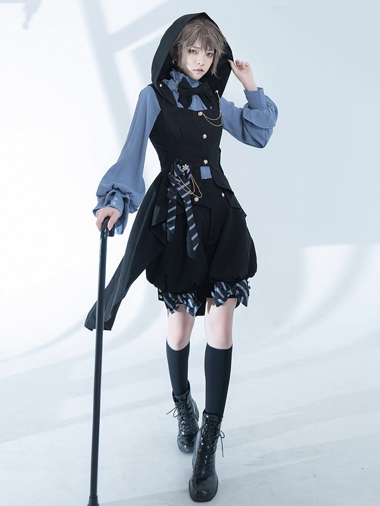 Bow Black with Ouji Train Back Fashion Big Waistcoat Hooded