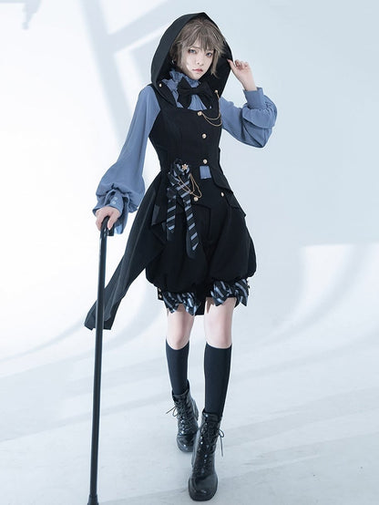 Bow Black with Ouji Train Back Fashion Big Waistcoat Hooded