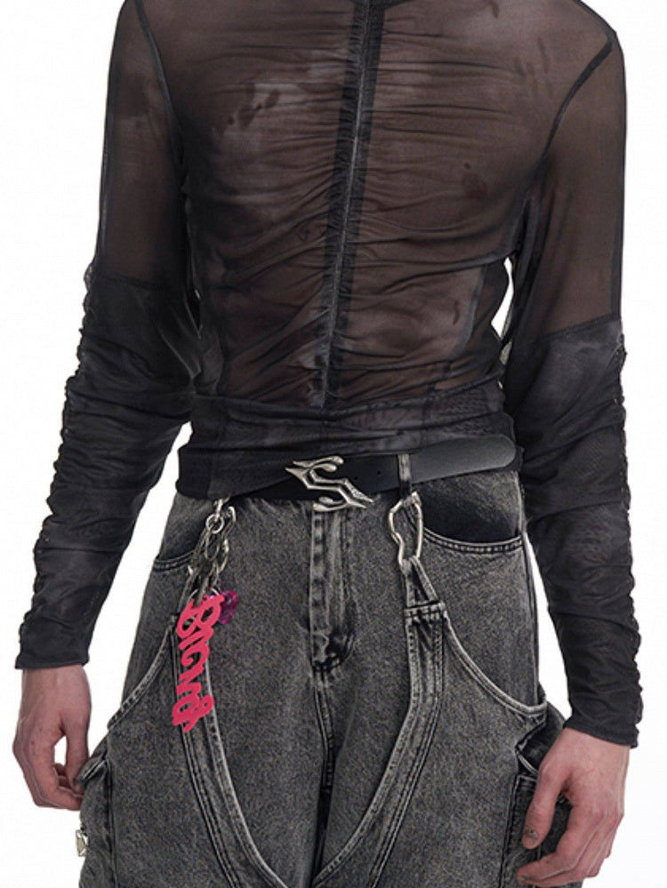 Black Mock Ruched in Mesh Sheer Top Neck Zip-up Men's Gray