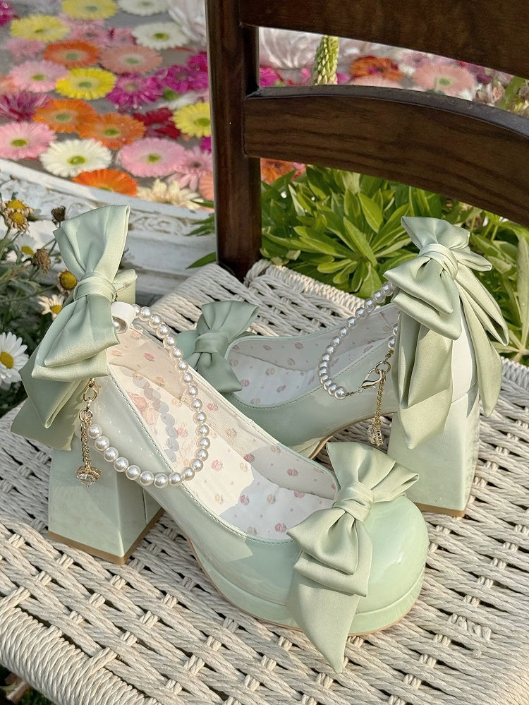 Green Sweet Toe Bowknot Lolita Platform Janes Round Mary Shoes Details