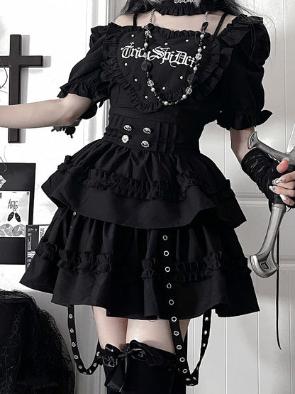 with Patch Dress Puff Skirt Tiered Sleeve Heart Black Short Gothic Ruffle