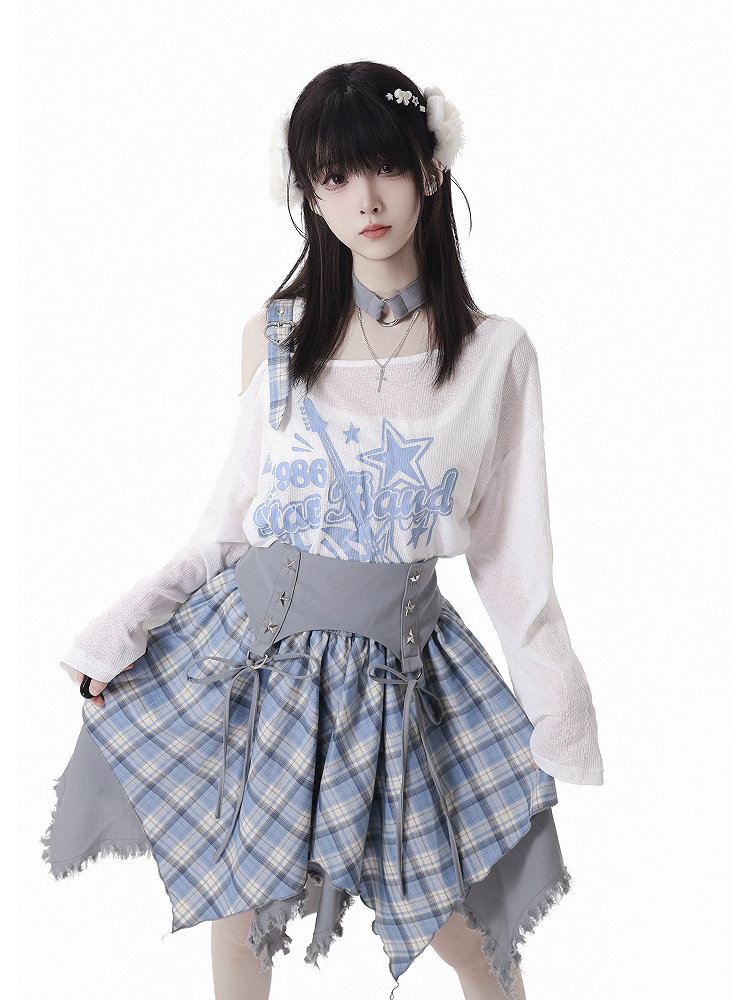 Blue/Black Free with Choker Guitar Print Asymmetrical Neckline Coverup