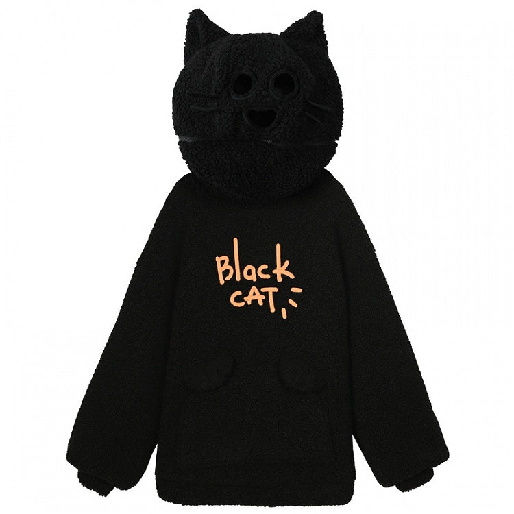 Black Cat Head Hood Fleece Hoodie