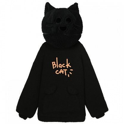 Black Cat Head Hood Fleece Hoodie
