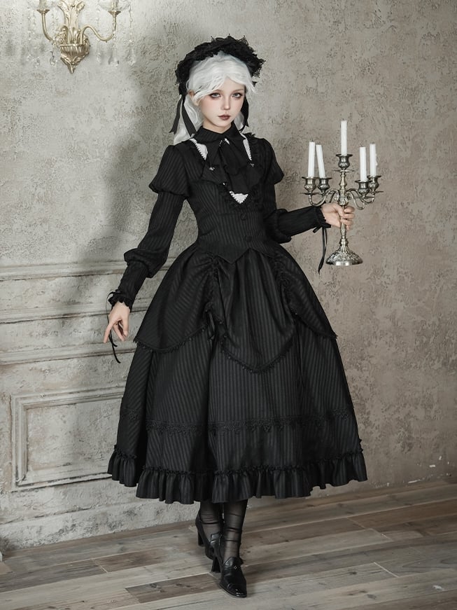 Striped Version Gothic Ruffle Drawstring Long Black Design Skirt with Lolita