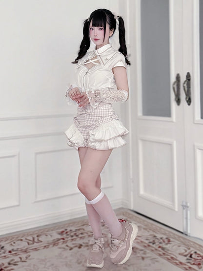 White & Pink Hollow Blouse with Plaid Skort Set - Shi Zhai Xin