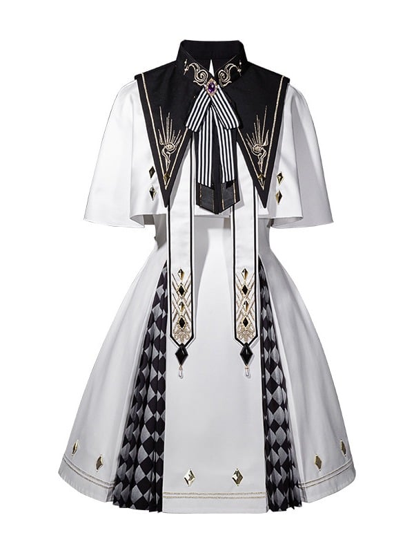 Gold Embroidered Checkered Lolita Dress Set with Cape, Self-Tie Belt & Detachable Collar - Xiong Dou Jiang