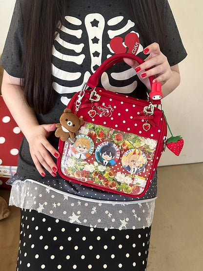 Red Heart Polka Dot Ita Bag with Double Clear Window - DRDR