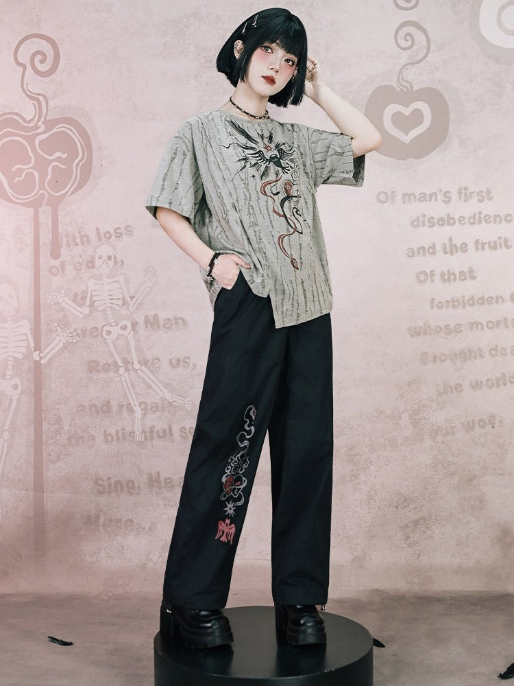 Gray Asymmetrical Short Sleeve T-Shirt with Print & Distress - Quirky Hut