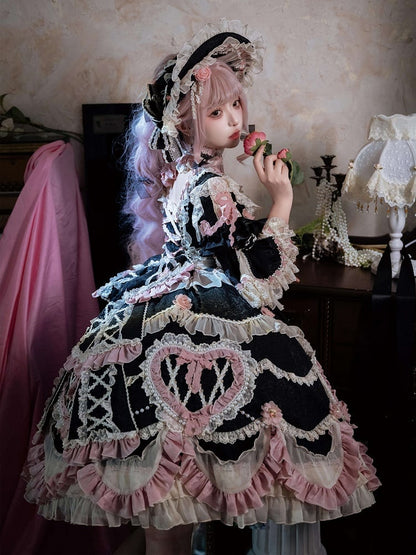 Schwarzes Hanayome-Rosetten-Stickerei-Blumen- und Perlenketten-Lolita-OP-Komplettset