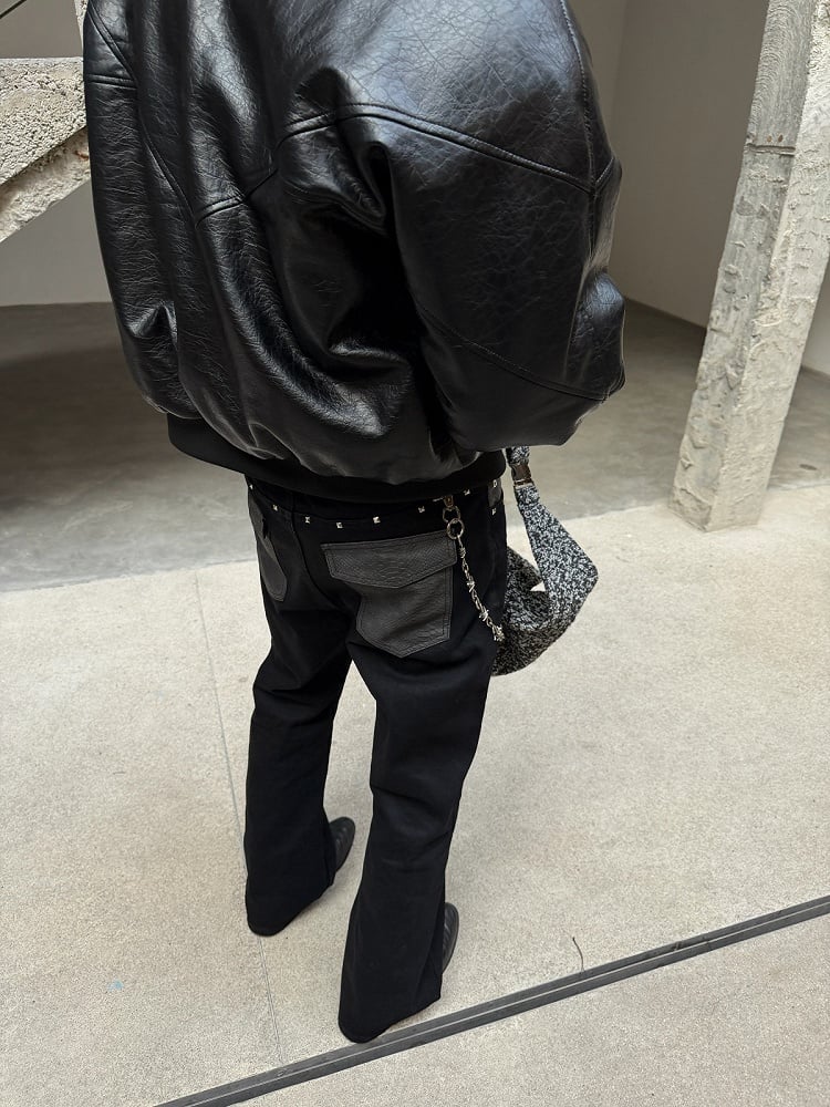 Unisex Punk Distressed Black Stacked Denim with Snake Leather Pockets & Studs - DETW OnLine