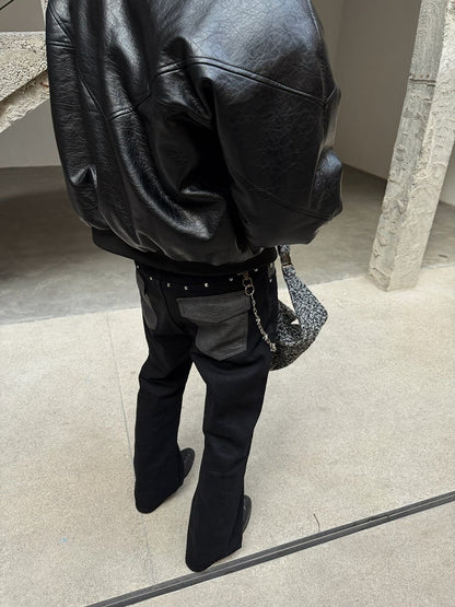 Unisex Punk Distressed Black Stacked Denim with Snake Leather Pockets & Studs - DETW OnLine
