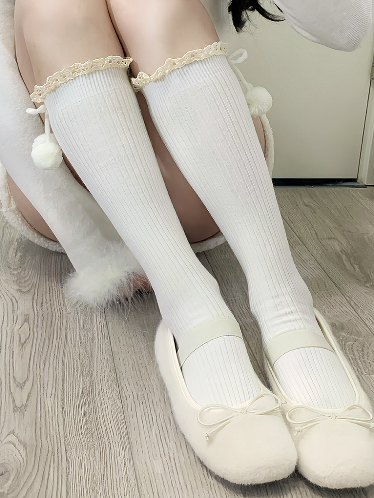 Milk White/Khaki/Camel/Red/Black Lolita Lace Trim Calf Socks With Pompons