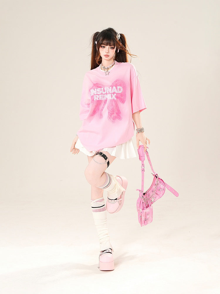 Pink Round Neck Big T-Shirt Bow Print Loose