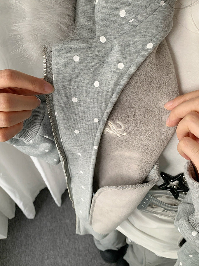 Dot Trim Jacket Dual-way Hood with Fleece-lined Plush Gray Polka Zipper