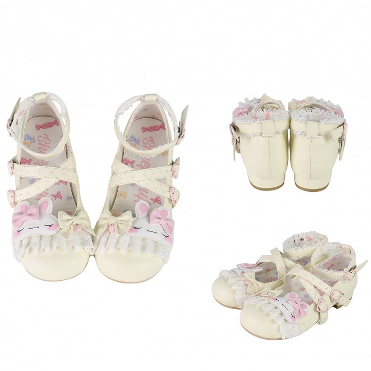 Lolita Lace Trim Bowknot Crisscross Shoes Design Applique Details Yellow Polka-dot Pattern Bunny Sweet