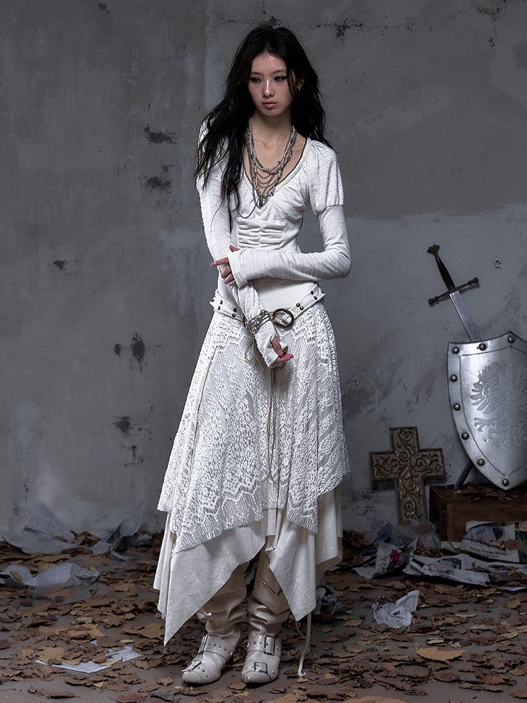 Punk Beige Juliette Sleeves Knit with Studded Dress Handkerchief Tiered Waist Hem