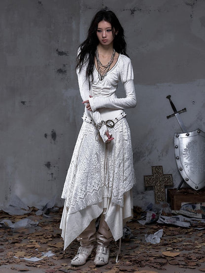 Punk Beige Juliette Sleeves Knit with Studded Dress Handkerchief Tiered Waist Hem