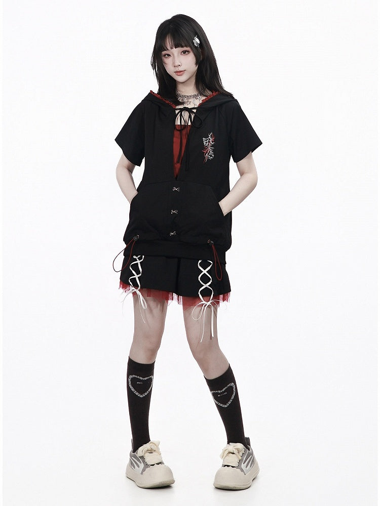 Sporty Kawaii Black & Red Mini Skirt with Lace-Up Details - PINK SAVIOR
