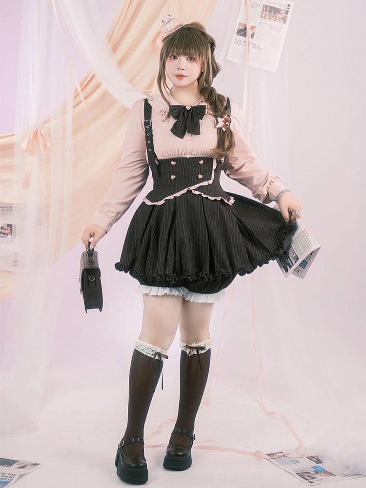 Elastic Size with Set: Straps Trim Black Striped Waist Skirt Adjustable Overall Ruffled Bloomers Plus