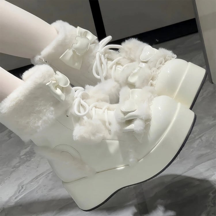 Lining Pom-Pom Boots PU with and Sweet Platform Fleece Details White Lolita