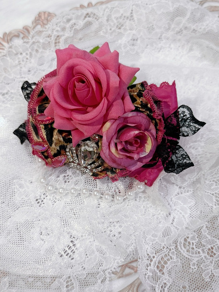 Rhinestone Decorated Hairclip Floral Design Pink BlackRose Crown