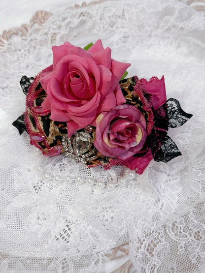 Rhinestone Decorated Hairclip Floral Design Pink BlackRose Crown