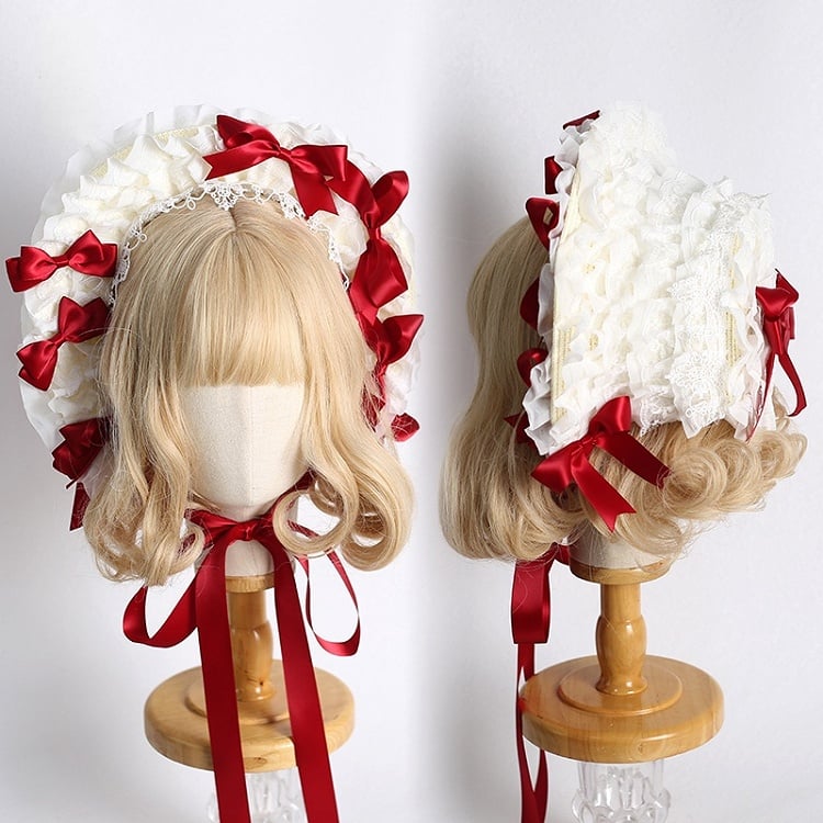 Farben: Abnehmbare Lolita-Haube mit Schleife, Spitzenbesatz und süßem, elegantem Beige 12