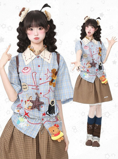Daily Kawaii Blue Plaid Shirt with Animal Embroidery - Languid Park