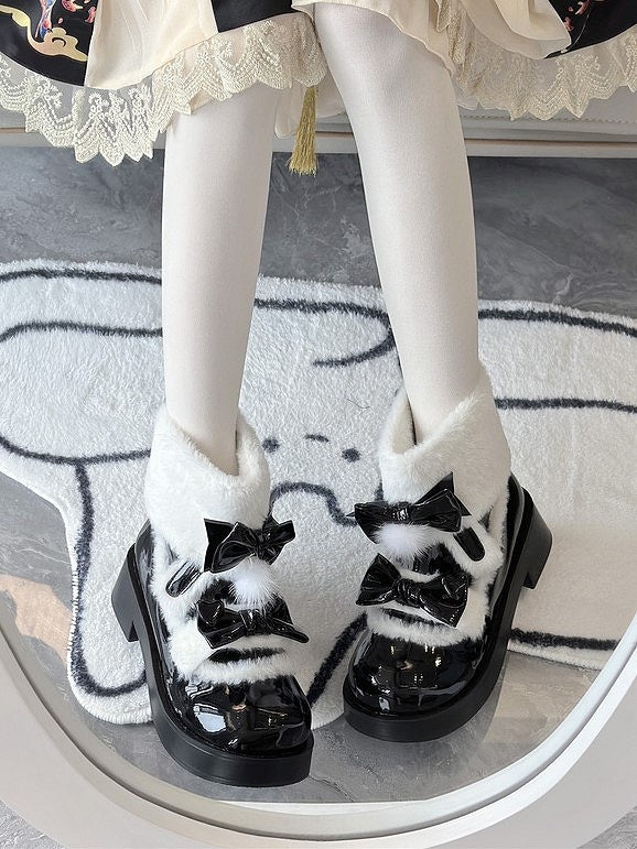 Boots Bow Round-Toe Fleece-Lined Black with Sweet Accents Snow Lolita