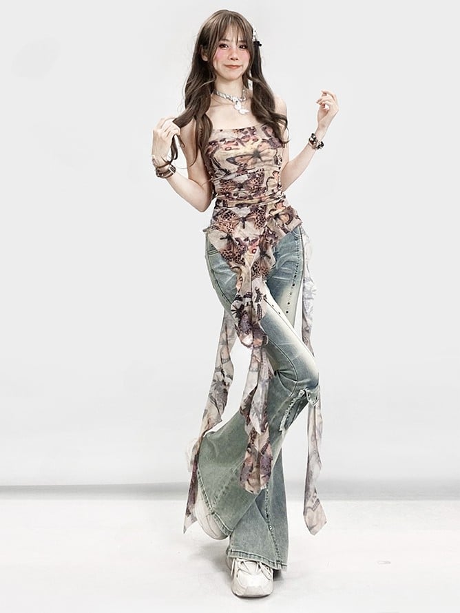 Verzierte Jeans, verblasste Bündchen, Y2K, ausgefranst, glamourös, blau, roh, Schlagtasche, Silhouette, gewaschen und