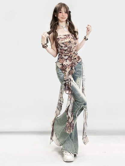 Verzierte Jeans, verblasste Bündchen, Y2K, ausgefranst, glamourös, blau, roh, Schlagtasche, Silhouette, gewaschen und