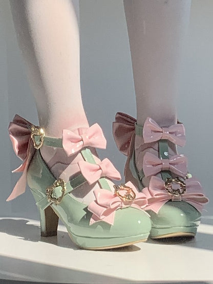 - Hime Snap Intricate Mary Fastener Pink Bow Lolita Details Janes High-heel Green Heart-shaped