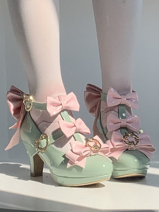 - Hime Snap Intricate Mary Fastener Pink Bow Lolita Details Janes High-heel Green Heart-shaped