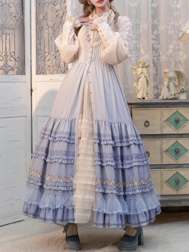 Lilien-Stickerei-Applikation, mehrlagiger Saum, blaues klassisches Lolita-Kleid, Knopfleiste vorne
