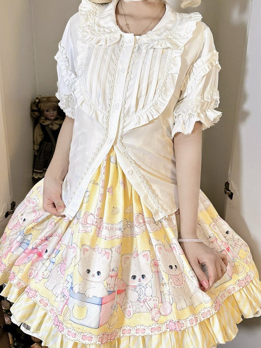 White Round Flat Collar Short Sleeves Blouse